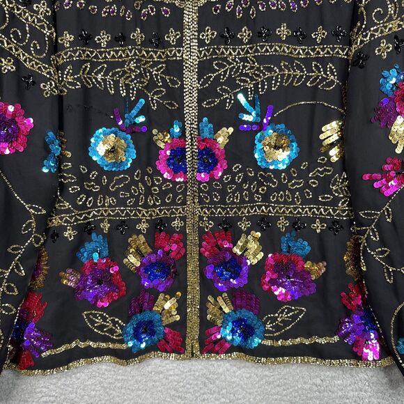 Vintage Draper’s & Damon’s 1X Silk Sequin Beaded Floral Jacket Black Glam - Picture 3 of 16